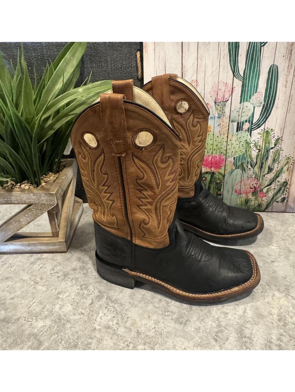 Old West boys' cowboy boots, black and brown, square toe, size 1